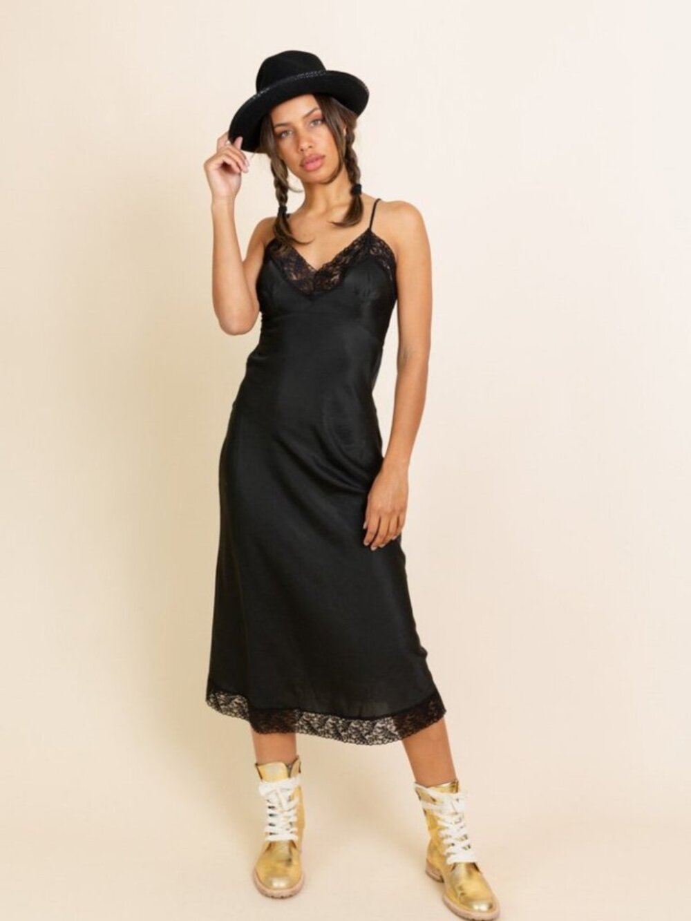 Brazeau Tricot Black Lace-Trim Slip Dress